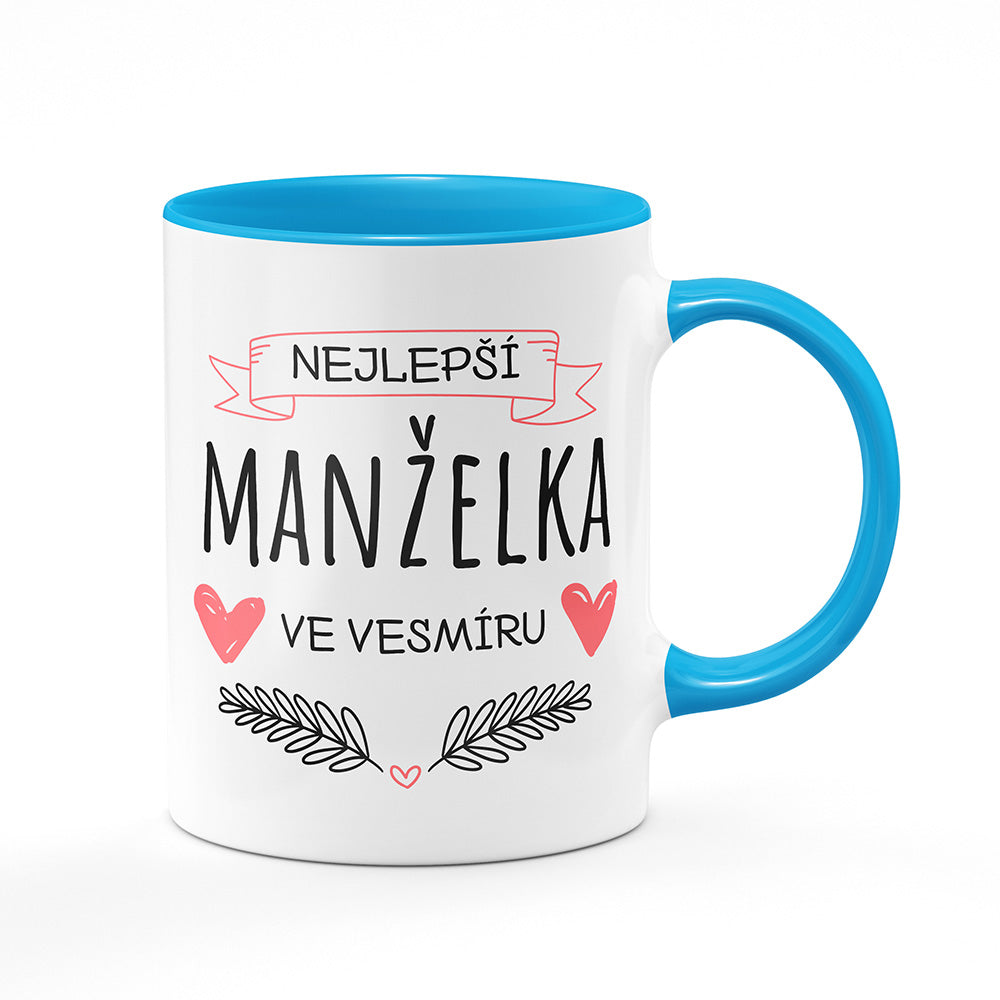 Keramický hrnek bílý s světle modrým lemem vnitřkem a uchem motiv Nejlepší manželka ve vesmíru