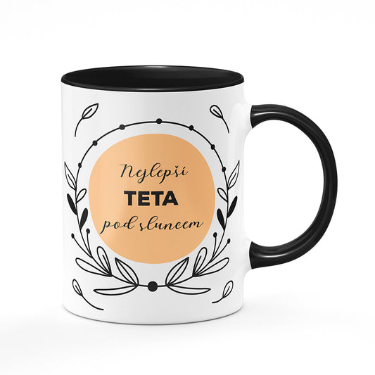 Keramický hrnek bílý s černým lemem vnitřkem a uchem motiv Nejlepší teta pod sluncem