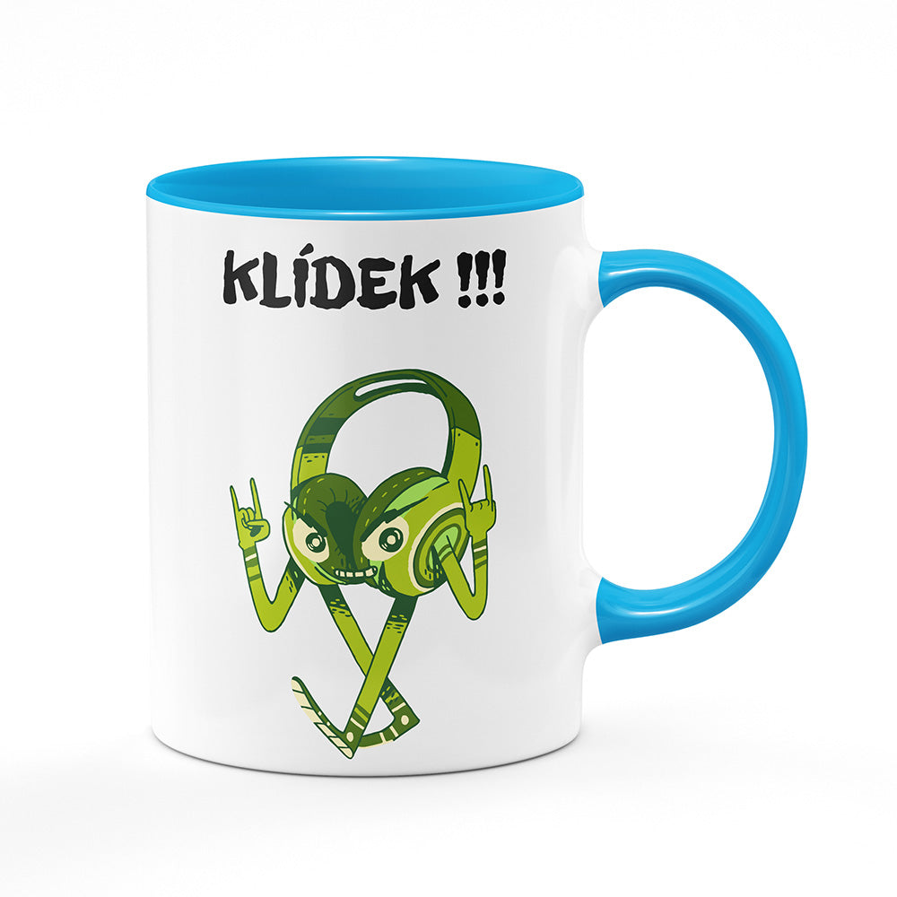 Keramický hrnek bílý s světle modrým lemem vnitřkem a uchem motiv Hudební maniak