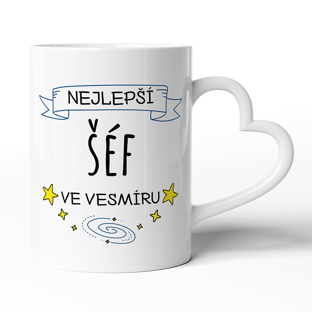 Keramický hrníček s uchem ve tvaru srdce motiv Nejlepší šéf ve vesmíru