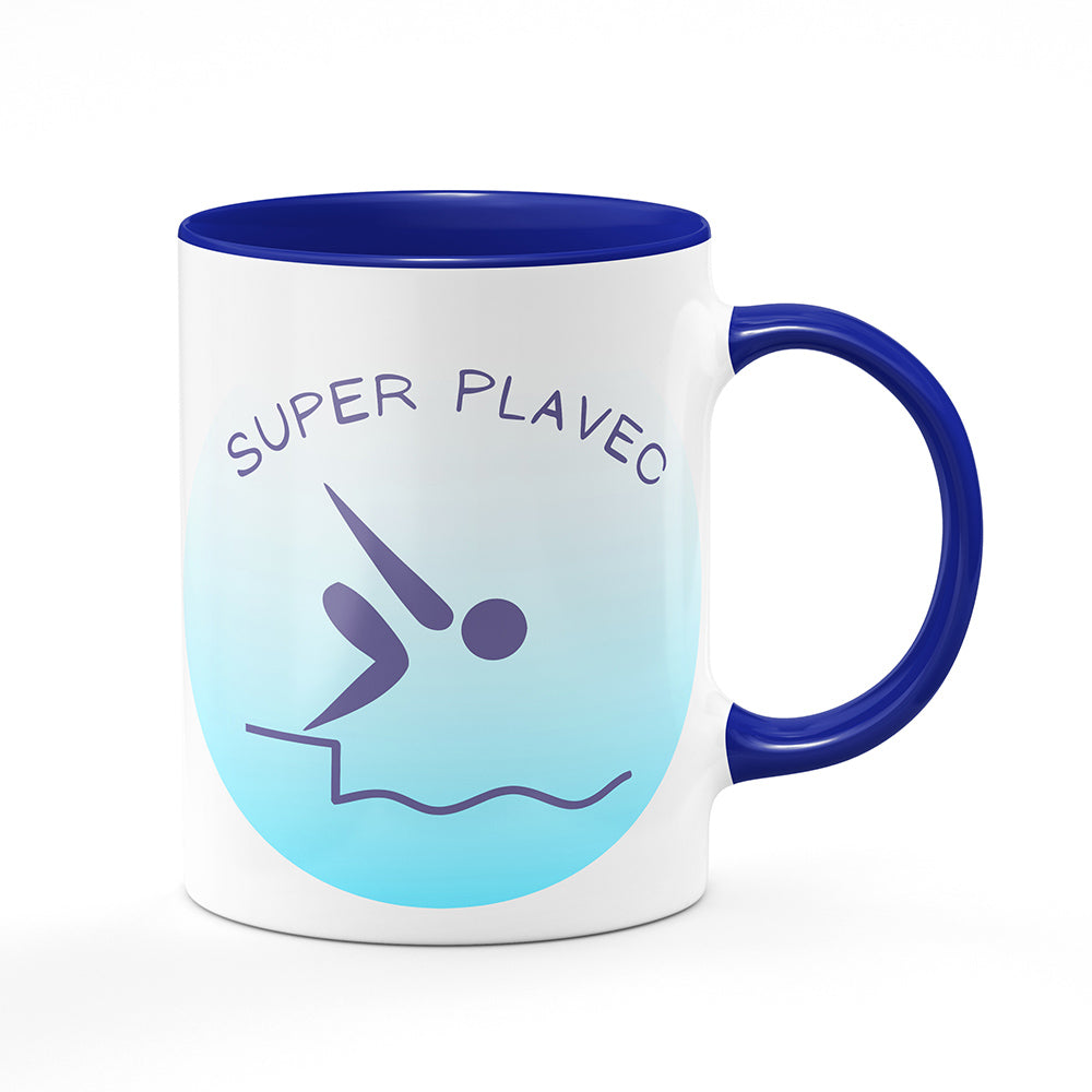 Keramický hrnek bílý s modrým lemem vnitřkem a uchem motiv Super plavec