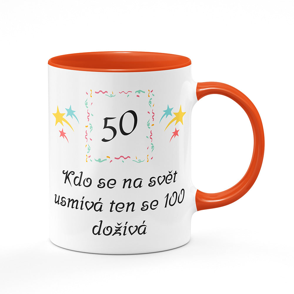 Keramický hrnek bílý s oranžovým lemem vnitřkem a uchem motiv Kdo se na svět usmívá…