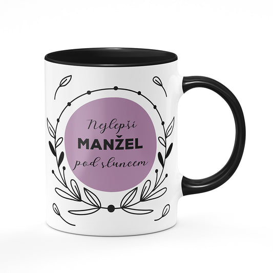 Keramický hrnek bílý s černým lemem vnitřkem a uchem motiv Nejlepší manžel pod sluncem