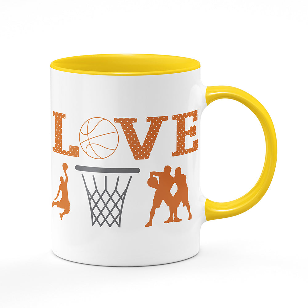 Keramický hrnek bílý s žlutým lemem vnitřkem a uchem motiv Basketbal