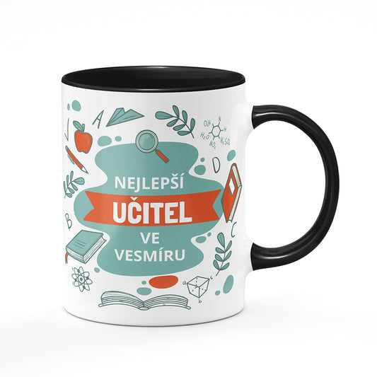 Keramický hrnek bílý s černým lemem vnitřkem a uchem motiv Nejlepší učitel ve vesmíru