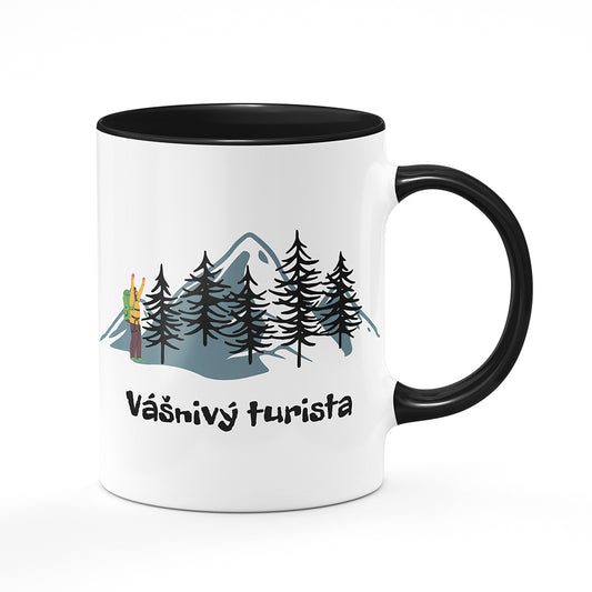 Keramický hrnek bílý s černým lemem vnitřkem a uchem motiv Vášnivý turista