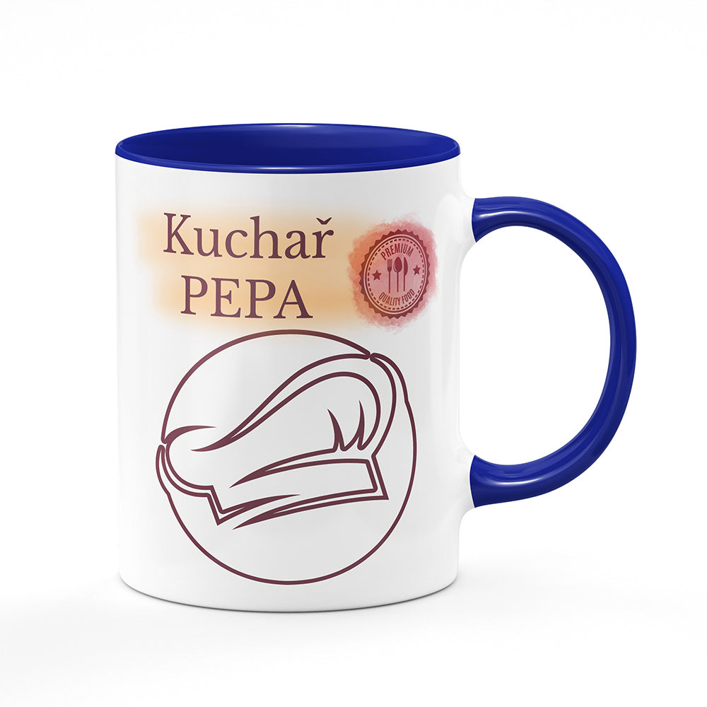 Keramický hrnek bílý s modrým lemem vnitřkem a uchem motiv Kuchař