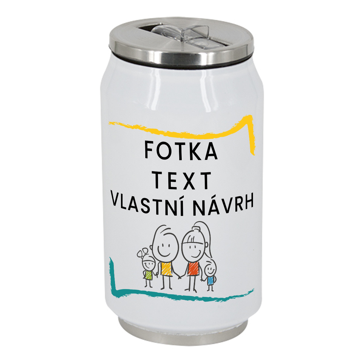 nerezová dvouplášťová termoláhev z potravinářské oceli s vlastním potiskem, textem, fotkou, šroubovací uzávěr se sklopným pítkem tvar plechovky cola objem 500 ml
