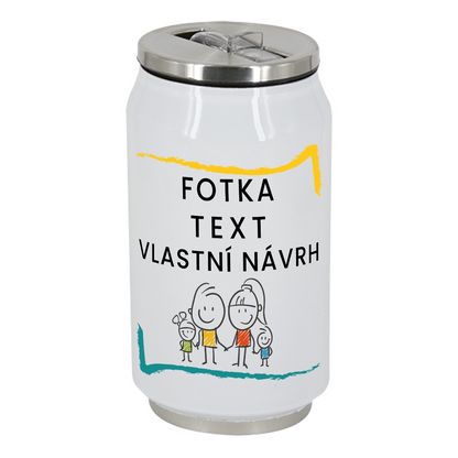 nerezová dvouplášťová termoláhev z potravinářské oceli s vlastním potiskem, textem, fotkou, šroubovací uzávěr se sklopným pítkem tvar plechovky cola objem 500 ml