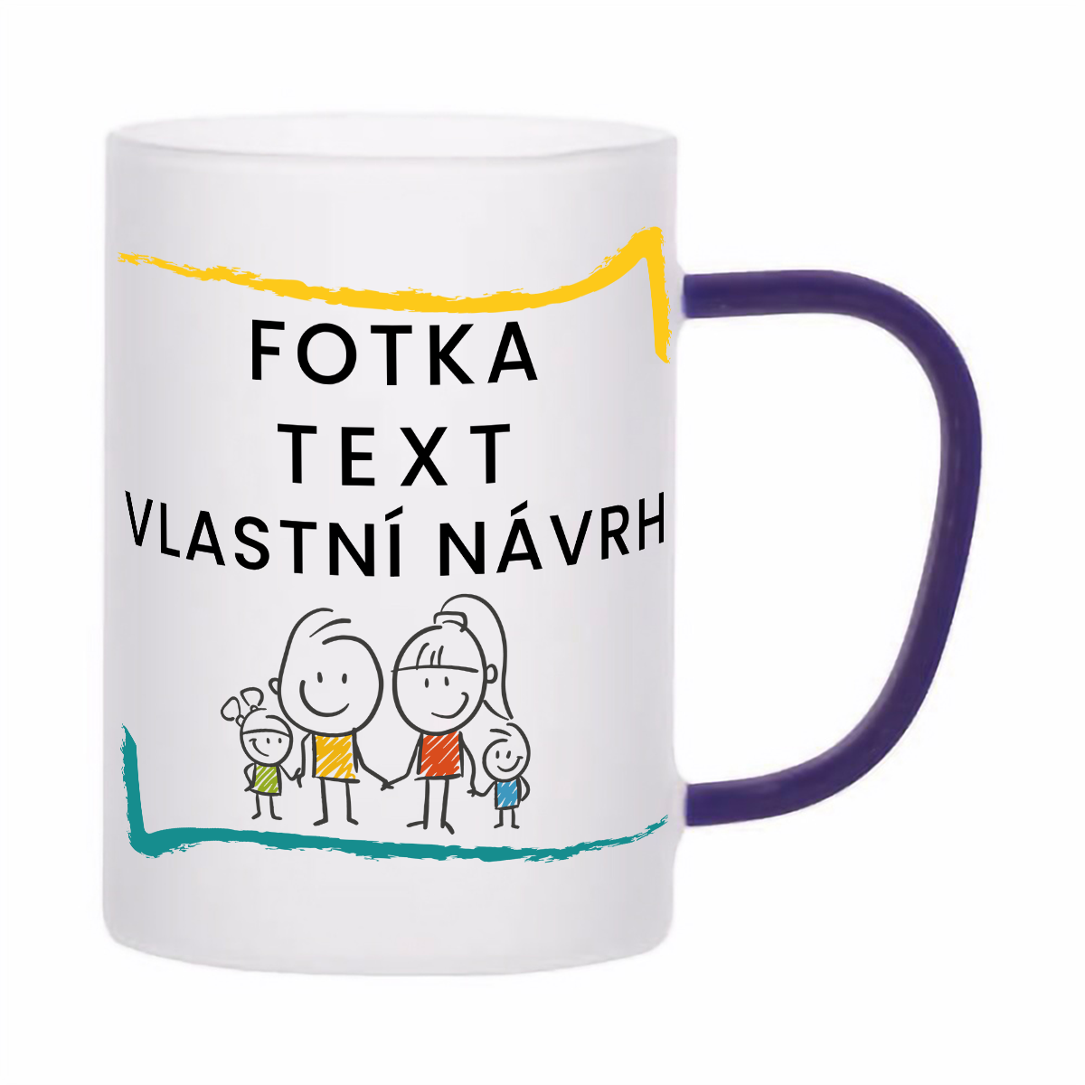 skleněný matný (mléčný) hrnek z varného skla s vlastním potiskem, textem, fotkou, objem 360 ml, modré ucho