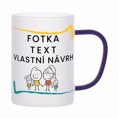 skleněný matný (mléčný) hrnek z varného skla s vlastním potiskem, textem, fotkou, objem 360 ml, modré ucho