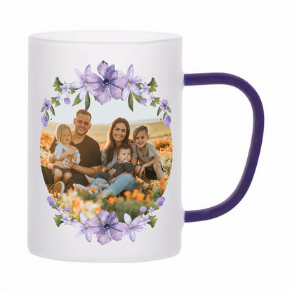 skleněný matný (mléčný) hrnek z varného skla s vlastním potiskem, textem, fotkou, objem 360 ml, modré ucho