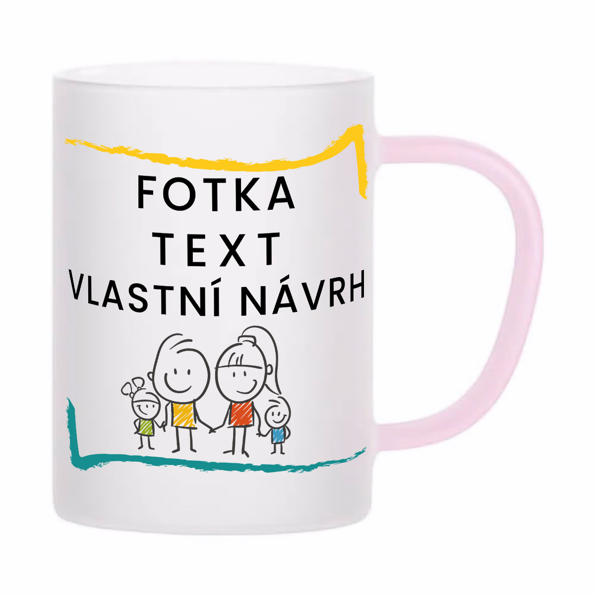 skleněný matný (mléčný) hrnek z varného skla s vlastním potiskem, textem, fotkou, objem 360 ml, růžové ucho