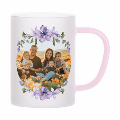 skleněný matný (mléčný) hrnek z varného skla s vlastním potiskem, textem, fotkou, objem 360 ml, růžové ucho