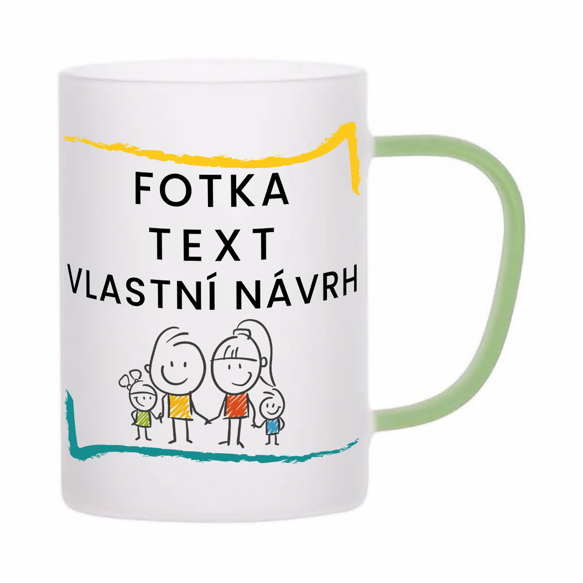skleněný matný (mléčný) hrnek z varného skla s vlastním potiskem, textem, fotkou, objem 360 ml, světle zelené ucho