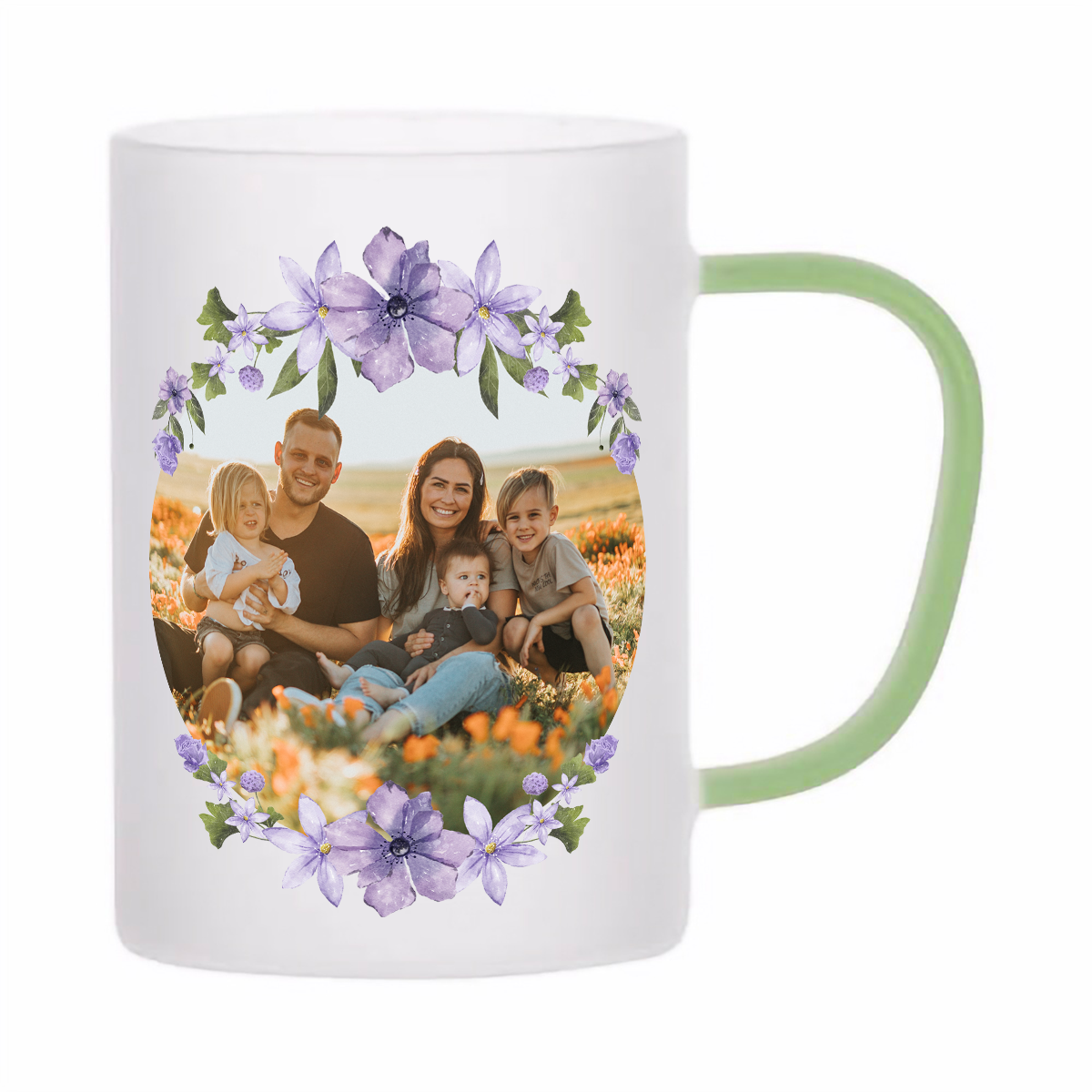 skleněný matný (mléčný) hrnek z varného skla s vlastním potiskem, textem, fotkou, objem 360 ml, světle zelené ucho