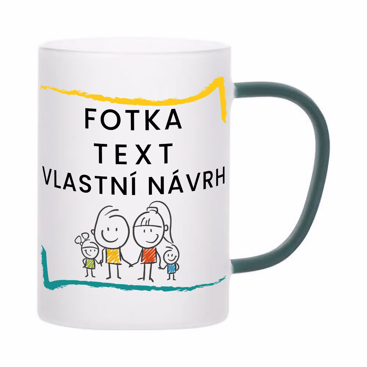 skleněný matný (mléčný) hrnek z varného skla s vlastním potiskem, textem, fotkou, objem 360 ml, zelené ucho