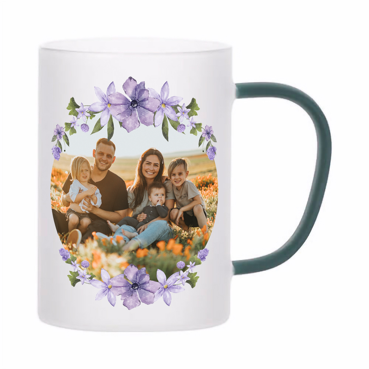 skleněný matný (mléčný) hrnek z varného skla s vlastním potiskem, textem, fotkou, objem 360 ml, zelené ucho