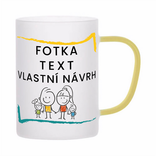 skleněný matný (mléčný) hrnek z varného skla s vlastním potiskem, textem, fotkou, objem 360 ml, žluté ucho