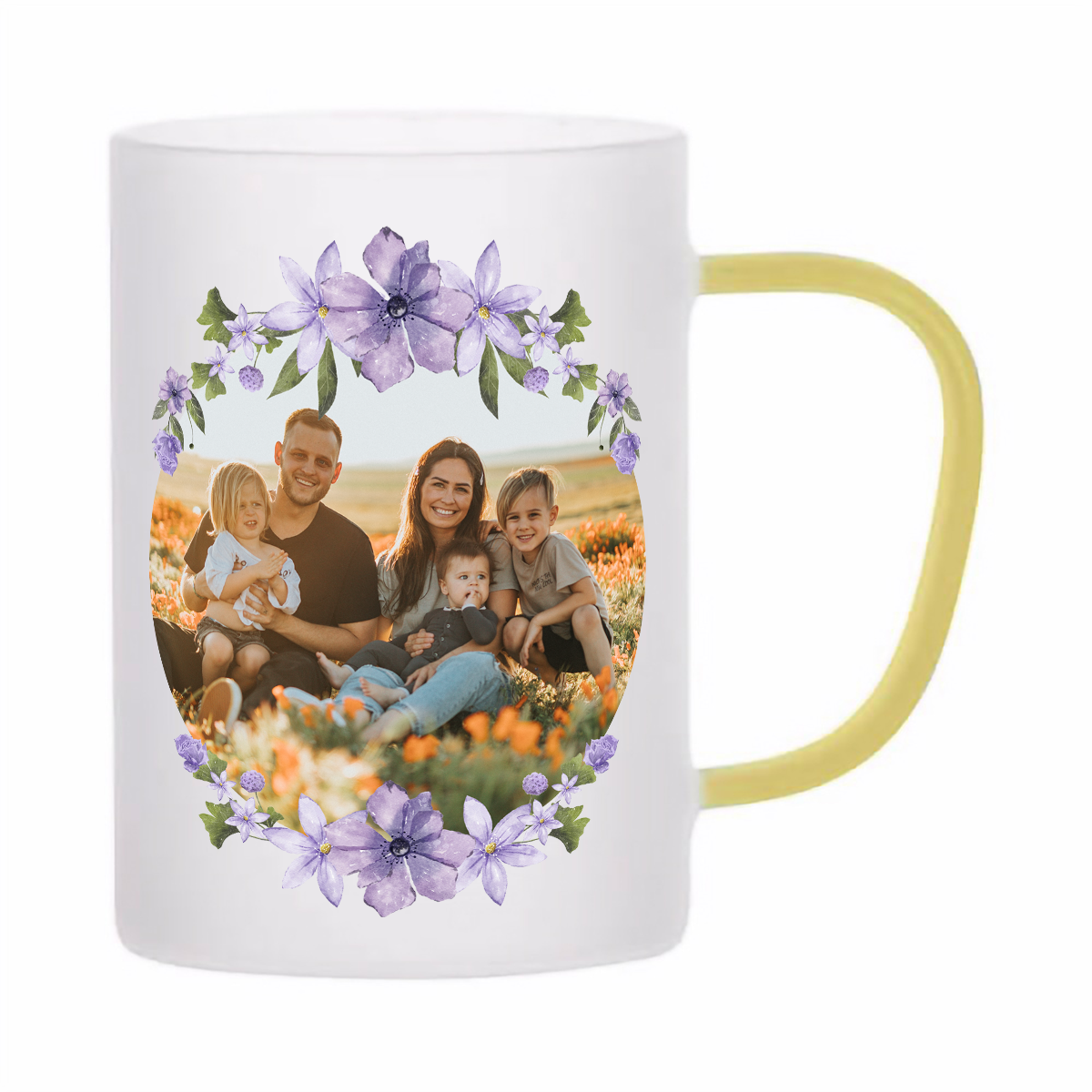 skleněný matný (mléčný) hrnek z varného skla s vlastním potiskem, textem, fotkou, objem 360 ml, žluté ucho