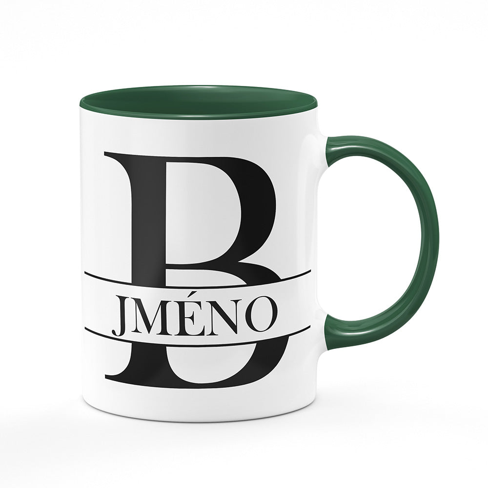 Keramický hrnek bílý s zeleným lemem vnitřkem a uchem motiv Se jménem B…