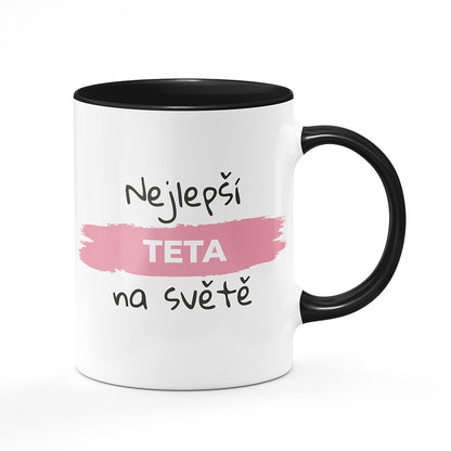 Keramický hrnek bílý s černým lemem vnitřkem a uchem motiv Nejlepší teta na světě