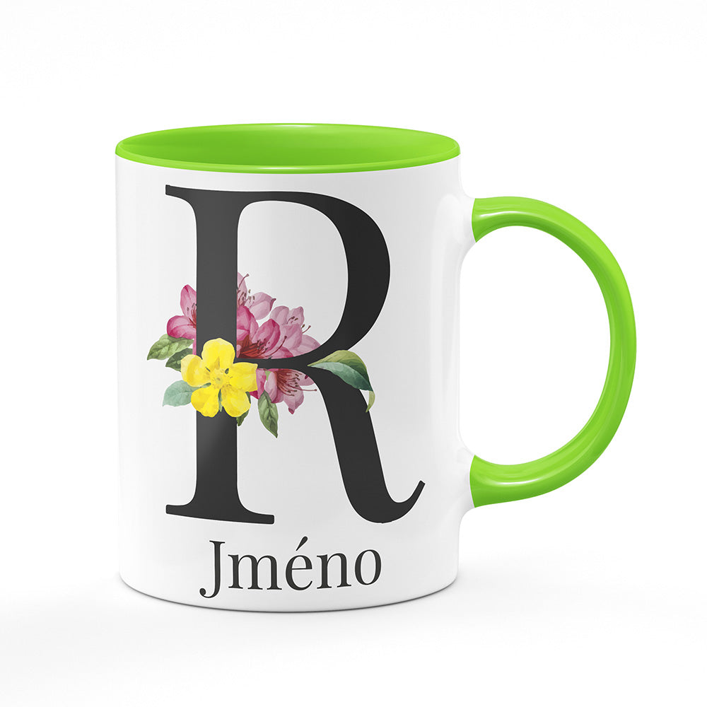 Keramický hrnek bílý s světle zeleným lemem vnitřkem a uchem motiv Se jménem R...
