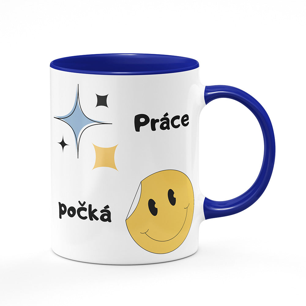 Keramický hrnek bílý s modrým lemem vnitřkem a uchem motiv Práce počká