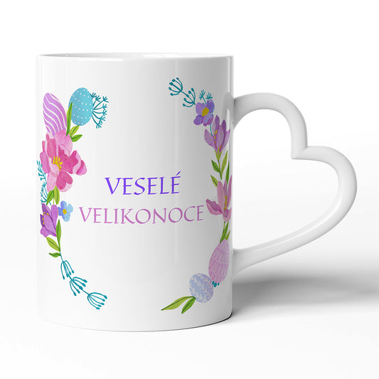Keramický hrníček s uchem ve tvaru srdce motiv Veselé velikonoce