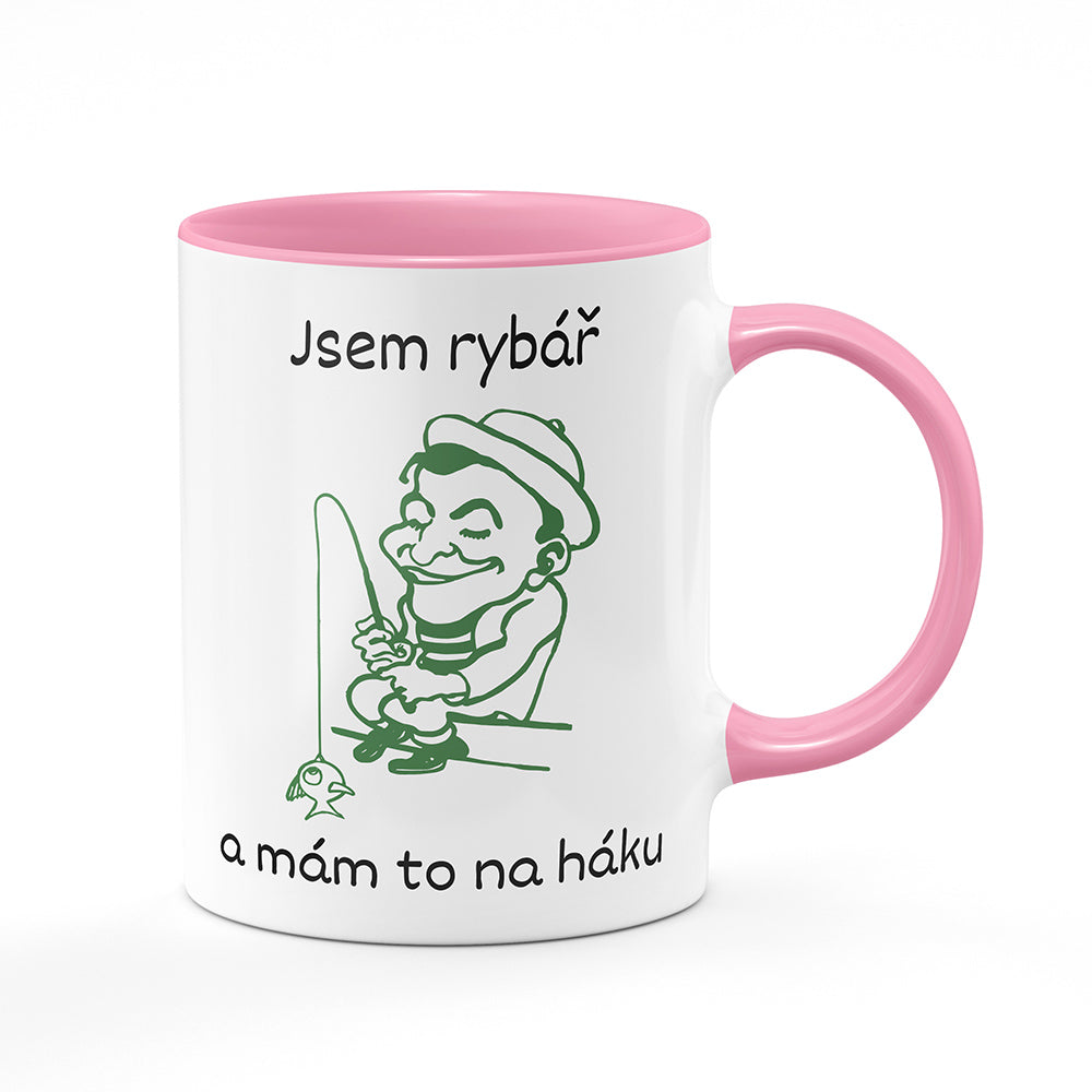 Keramický hrnek bílý s růžovým lemem vnitřkem a uchem motiv Jsem rybář a mám to na háku