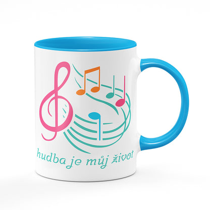 Keramický hrnek bílý s světle modrým lemem vnitřkem a uchem motiv Hudba je můj život