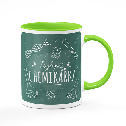 Keramický hrnek bílý s světle zeleným lemem vnitřkem a uchem motiv Nejlepší chemikářka