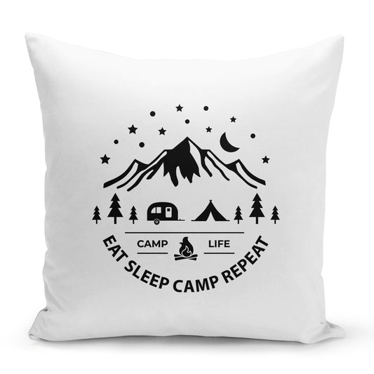 Bílý polštář 40 x 40 cm s motivem Eat Sleep Camp Repeat