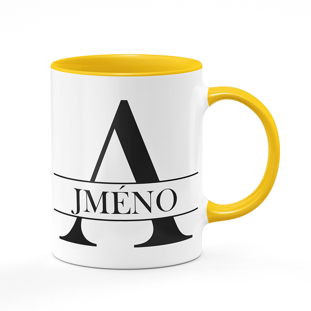Keramický hrnek bílý s žlutým lemem vnitřkem a uchem motiv Se jménem A...