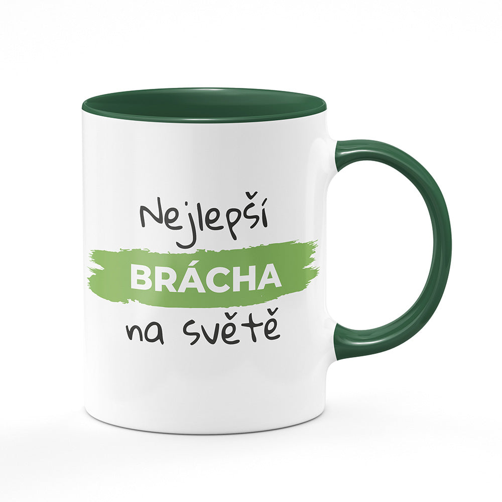 Keramický hrnek bílý s zeleným lemem vnitřkem a uchem motiv Nejlepší brácha na světě