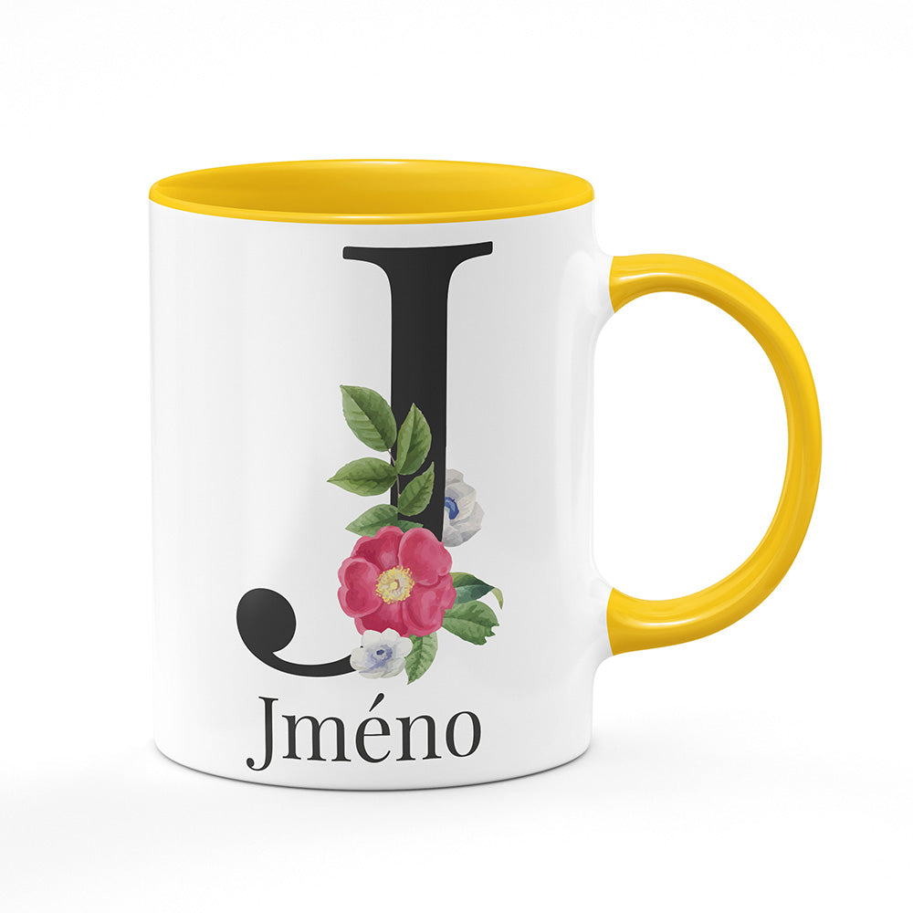 Keramický hrnek bílý s žlutým lemem vnitřkem a uchem motiv Se jménem J…