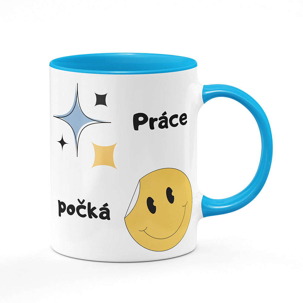 Keramický hrnek bílý s světle modrým lemem vnitřkem a uchem motiv Práce počká