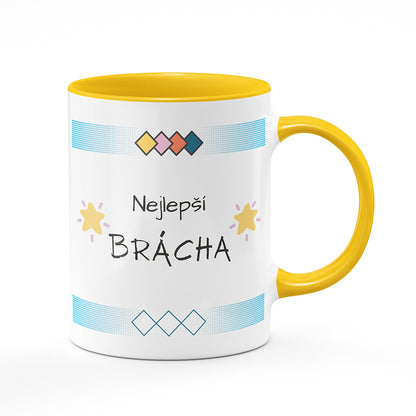 Keramický hrnek bílý s žlutým lemem vnitřkem a uchem motiv Nejlepší brácha
