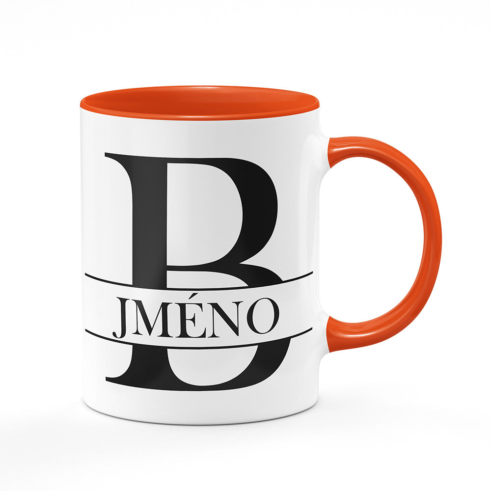 Keramický hrnek bílý s oranžovým lemem vnitřkem a uchem motiv Se jménem B…