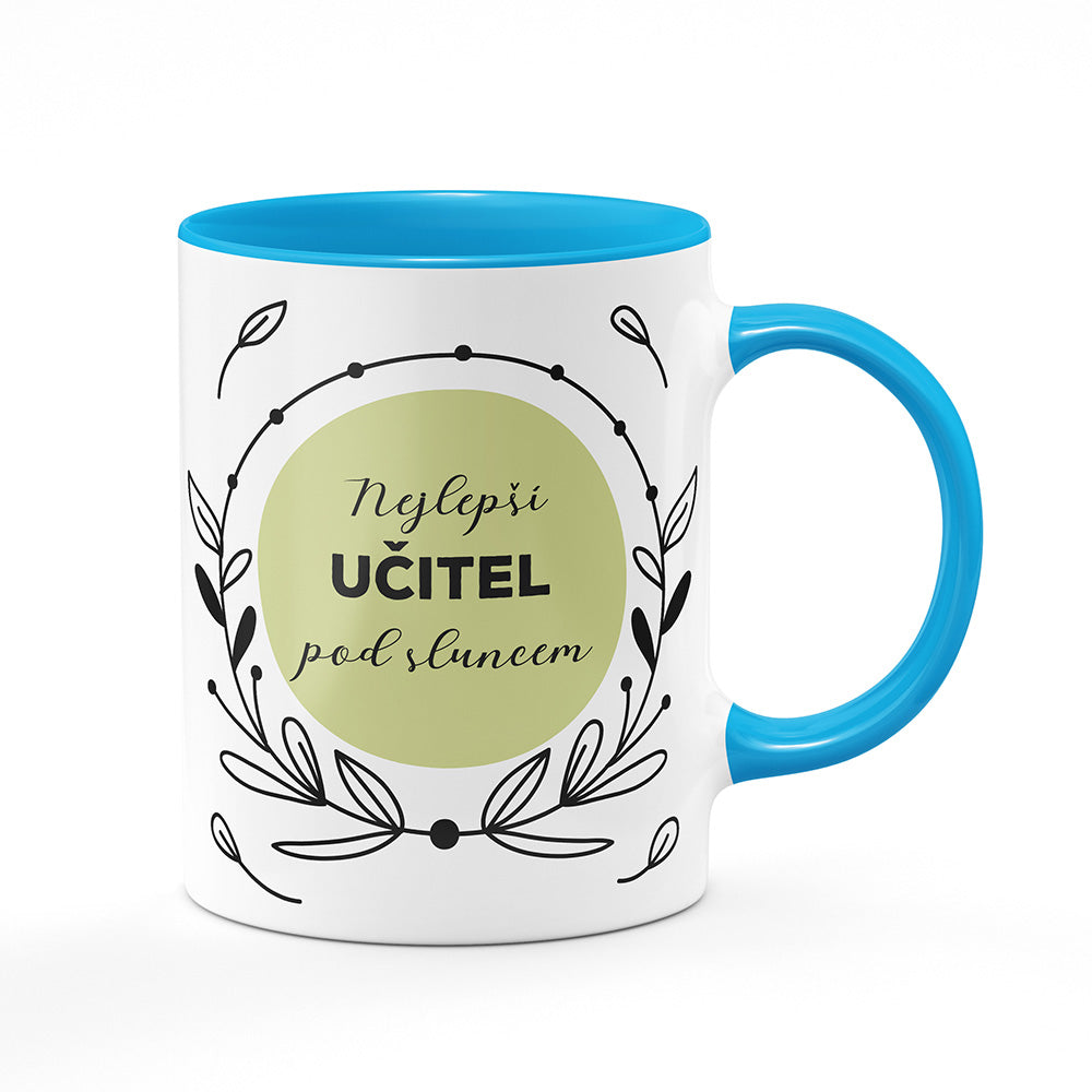 Keramický hrnek bílý s světle modrým lemem vnitřkem a uchem motiv Nejlepší učitel pod sluncem
