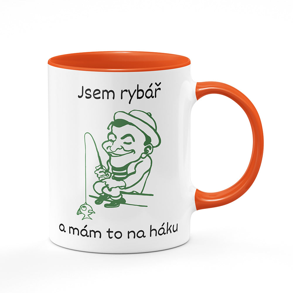Keramický hrnek bílý s oranžovým lemem vnitřkem a uchem motiv Jsem rybář a mám to na háku