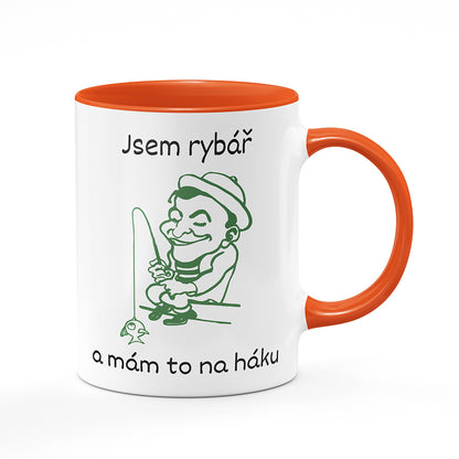Keramický hrnek bílý s oranžovým lemem vnitřkem a uchem motiv Jsem rybář a mám to na háku
