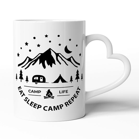 Keramický hrníček s uchem ve tvaru srdce motiv Eat Sleep Camp Repeat