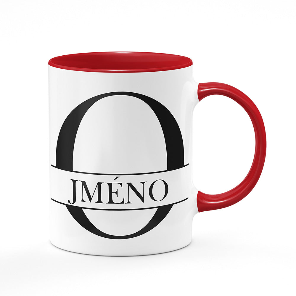 Keramický hrnek bílý s červeným lemem vnitřkem a uchem motiv Se jménem O…
