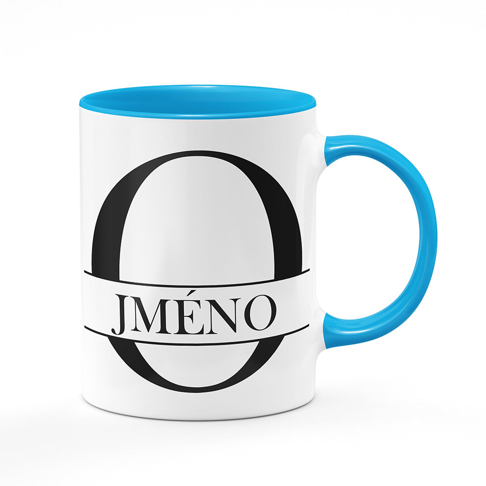 Keramický hrnek bílý s světle modrým lemem vnitřkem a uchem motiv Se jménem O…