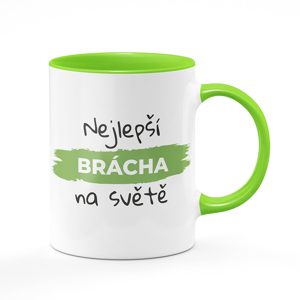 Keramický hrnek bílý s světle zeleným lemem vnitřkem a uchem motiv Nejlepší brácha na světě