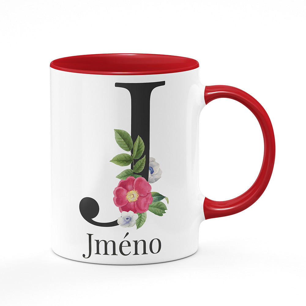 Keramický hrnek bílý s červeným lemem vnitřkem a uchem motiv Se jménem J…