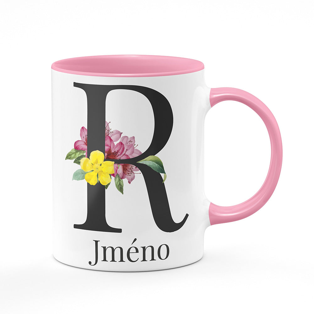 Keramický hrnek bílý s růžovým lemem vnitřkem a uchem motiv Se jménem R...