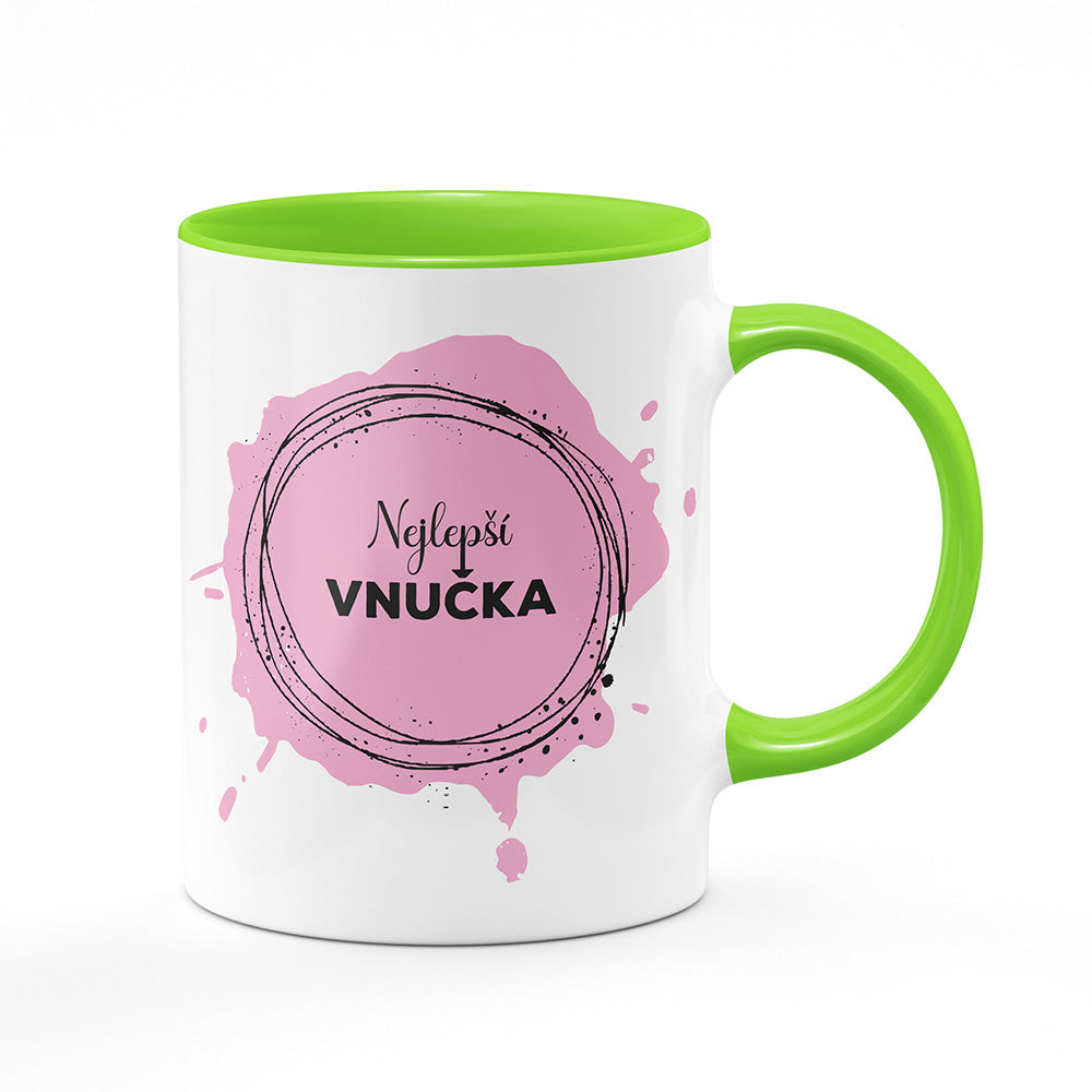 Keramický hrnek bílý s světle zeleným lemem vnitřkem a uchem motiv Nejlepší vnučka