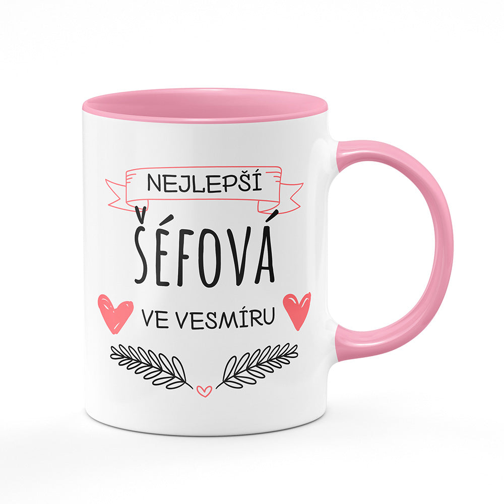 Keramický hrnek bílý s růžovým lemem vnitřkem a uchem motiv Nejlepší šéfová ve vesmíru